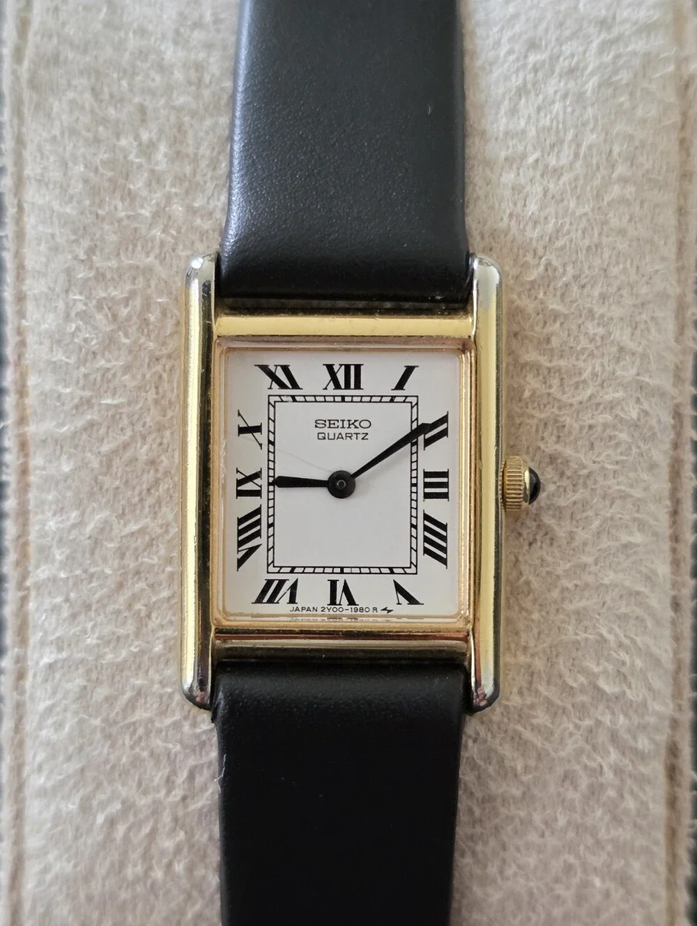 VTG Seiko 2Y00 5479 Gold Tone White Dial Roman Numeral 17mm Tank Watch WORKS